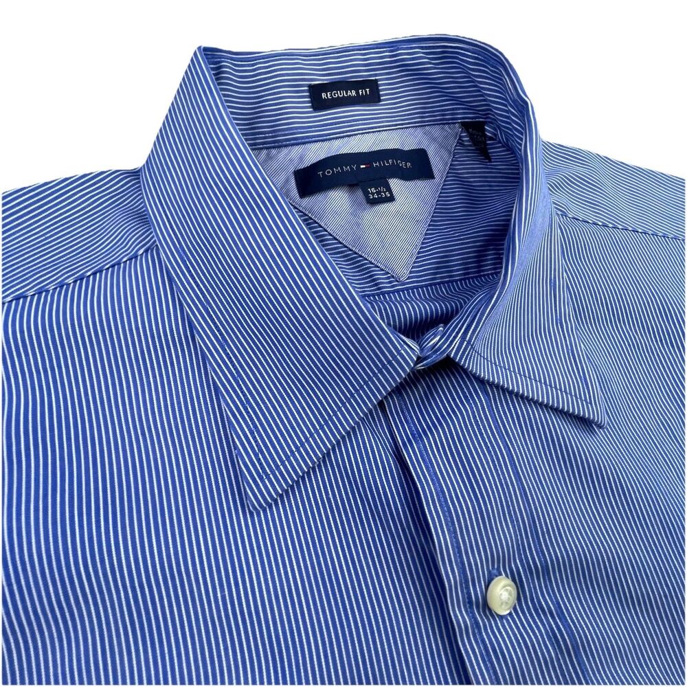 Tommy Hilfiger Dress Shirt Mens 16.5 34/35 Blue Stripe Regular Fit Cotton